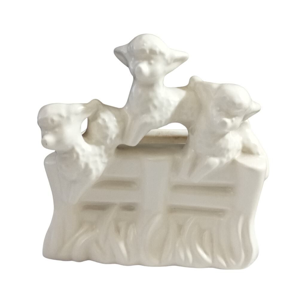 Vintage MCM Haeger Three Lambs Jumping Over Fence Planter White #3505